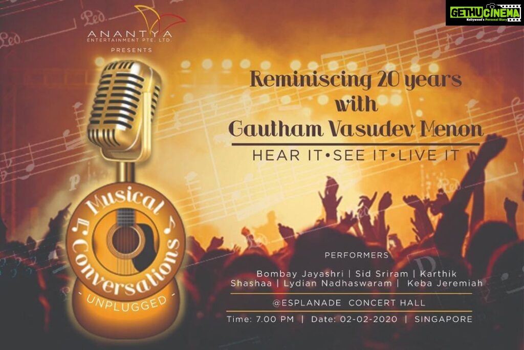 Gautham Menon Instagram - Thankful and grateful that there’s so many beautiful songs to choose from to make it a two and a half hours show! Looking forward myself to be amidst this ensemble of singers and musicians on Feb 2nd. Tickets - https://www.anantya.sg/ #orenyabagam #esplanade #esplanadesingapore
