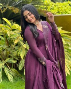 Gouri G Kishan Instagram - Glowing under the canopy of velvet 💜 Styled by @joe_elize_joy @styyledbyjoe Photography @ashique_hassan MUAH @amal_ajithkumar Outfit @designmecochin @kaya_online_ Kochi, India