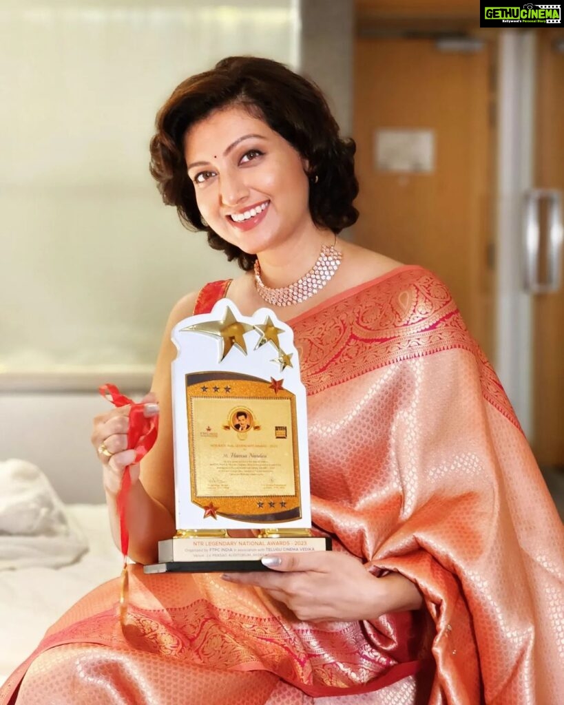 Hamsa Nandini Instagram - Deeply honoured to receive the NTR legendary national award for my contribution to Telugu cinema. NTR garu continues to be an inspiration to me and countless others in the industry. 🙏 . #ntrcentenarycelebrations #swanstories Hyderabad