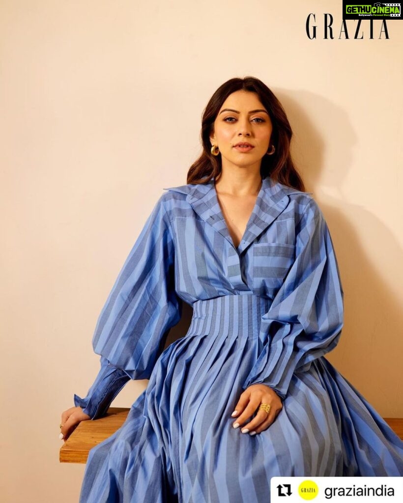 Hansika Motwani Instagram - #Repost @graziaindia with @use.repost ・・・ The actor is prominently known for starring in some of the most successful movies in the South Indian film industry. And, has acted besides the likes of Allu Arjun, Dhanush and more. She is no stranger to delivering blockbusters. Hansika is wearing a striped shirt, pleated skirt, both Moonray; hoop earrings, Olio; textured ring, Radhika Agrawal Photographs: Yusuf Lokhandwala Jr. Fashion Stylist: Nishtha Parwani Hair: Sourav Roy Make-up: Reshmaa Merchant Assisted by (styling): Sanskriti Gupta