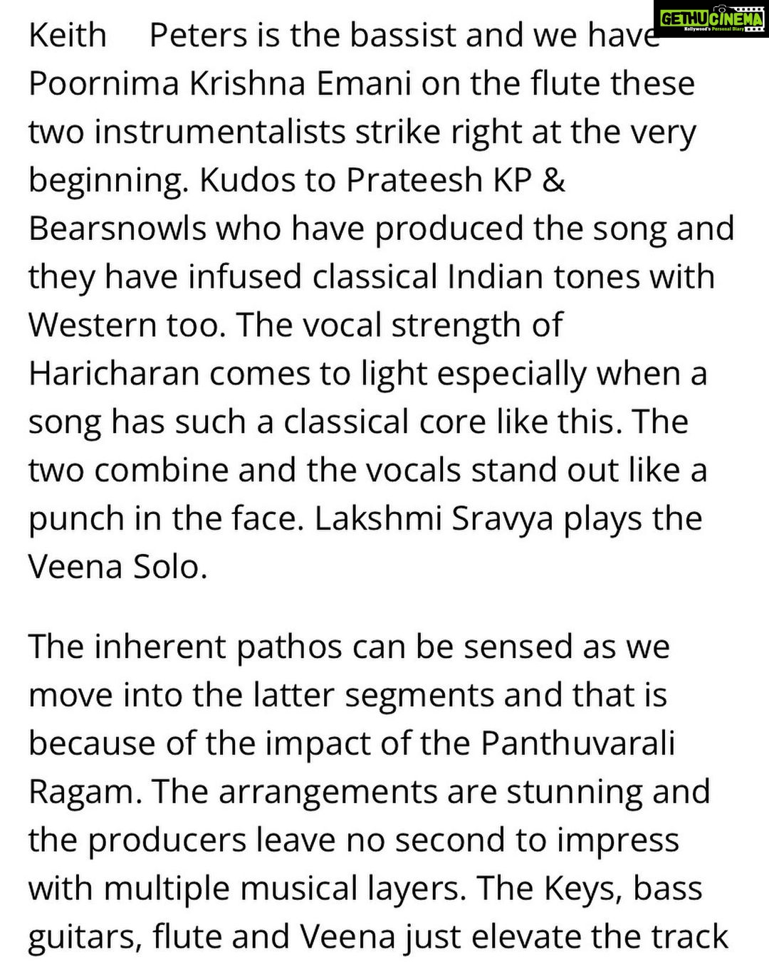 Haricharan Instagram - So thankful to @extragavanza for reviewing and featuring my original indie song ‘Uyirin Osai’ alongside other amazing songs and their artists!! Ever grateful to the lovely artists who worked with me on this. First and foremost, thanking my friend @haricharanmusic , my mentor @keithpeters_bassman sir, buddies @prateeshkp and @mukundanraman and lastly but definitely not the least, my bestie girl @girl_flautist and @sravya.vainika for coming forward and contributing their bit to this piece of mine. Thank you @kartik_chakradhar for all the extra inputs and support. Many thanks to @sureshpermal and @midhunmanojj for bringing in a lovely output as well. 😇♥️🥰 Listen to both ‘Uyirin Osai’ (Tamizh) and ‘Kaivasam’ (Telugu) on Spotify, Apple Music and on my YouTube channel through the link in my Bio 😊👍🏼 #indiemusic #uyirinosai #kaivasamthesong #isvioriginals