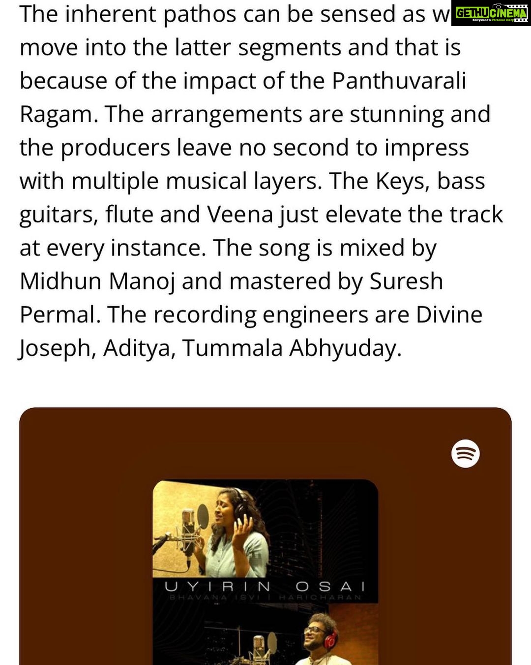 Haricharan Instagram - So thankful to @extragavanza for reviewing and featuring my original indie song ‘Uyirin Osai’ alongside other amazing songs and their artists!! Ever grateful to the lovely artists who worked with me on this. First and foremost, thanking my friend @haricharanmusic , my mentor @keithpeters_bassman sir, buddies @prateeshkp and @mukundanraman and lastly but definitely not the least, my bestie girl @girl_flautist and @sravya.vainika for coming forward and contributing their bit to this piece of mine. Thank you @kartik_chakradhar for all the extra inputs and support. Many thanks to @sureshpermal and @midhunmanojj for bringing in a lovely output as well. 😇♥️🥰 Listen to both ‘Uyirin Osai’ (Tamizh) and ‘Kaivasam’ (Telugu) on Spotify, Apple Music and on my YouTube channel through the link in my Bio 😊👍🏼 #indiemusic #uyirinosai #kaivasamthesong #isvioriginals