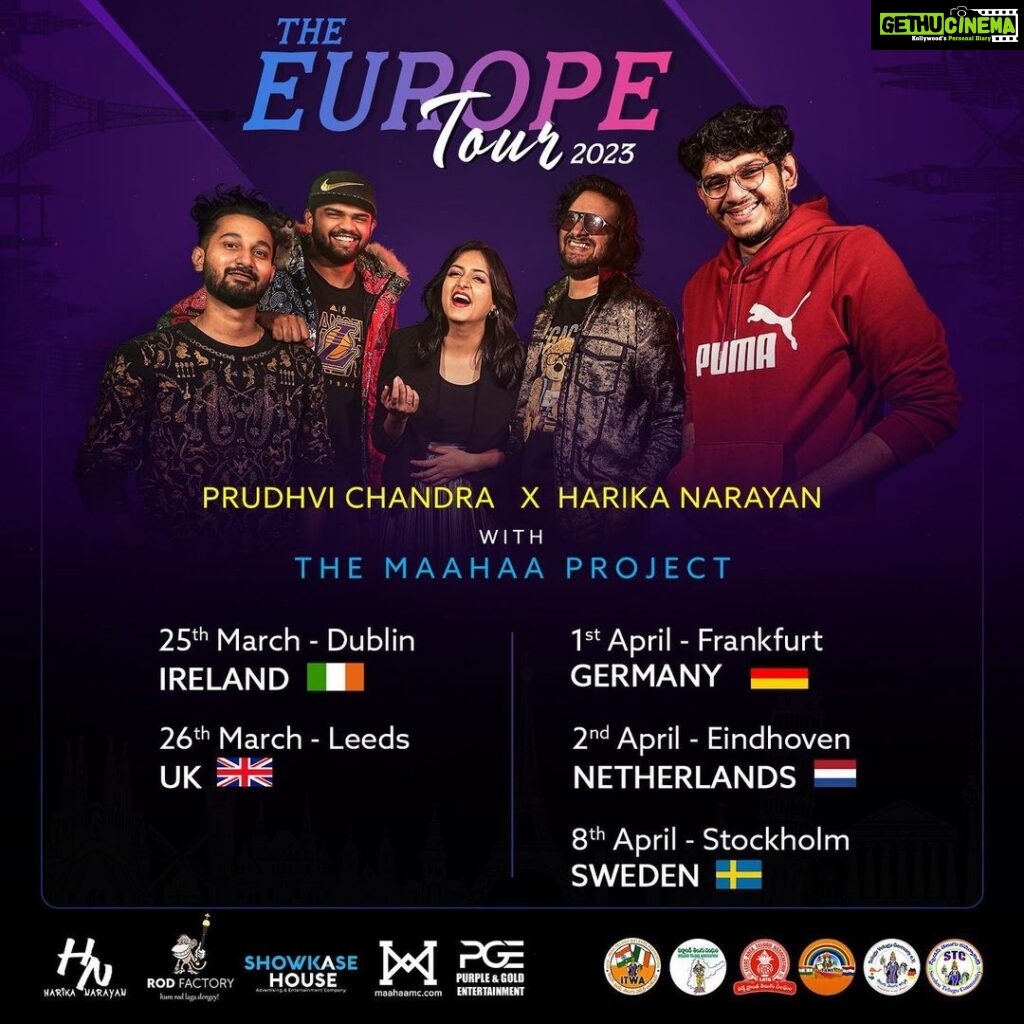 Harika Narayan Instagram - Proudly announcing our Europe tour calendar ❤️📆! We international 🌍! Ugadi Sambaralu all over the world! Bringing forward a new musical experience @prudhvichandrap X @harika_narayan with our bois @maahaamc @shashankalamuru @baidurjyabanerjee ! See y’all on the other side! 💥🇬🇧🇮🇪🇸🇪🇩🇪🇳🇱 #europetour #concert #live #liveshow #liveband #regionalmusic #telugu #rap #desi #hiphop #telugusongs #tollywood #originals #indie #independent #telugurap #singer #guitar #keyboard #electronicmusic #dj #ugadhi #newyear
