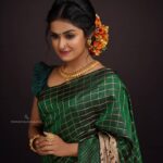 Haritha G Nair Instagram - They said think about Him❤Swayamvara Silks| Red FM Malayalam Photography: @director_aniesh_upaasana In association with @redfmmalayalam Makeup: @vijilsmakeover @neethu_makeupartist Styling : @leirakuncysiby Jewellery: @ladies_planet_rental_jewellery #green #traditional #swayamvarasilks #redfm #redfmindia #thinkalkalaman #thinkalkalamanonsuryatv #makeup #styling
