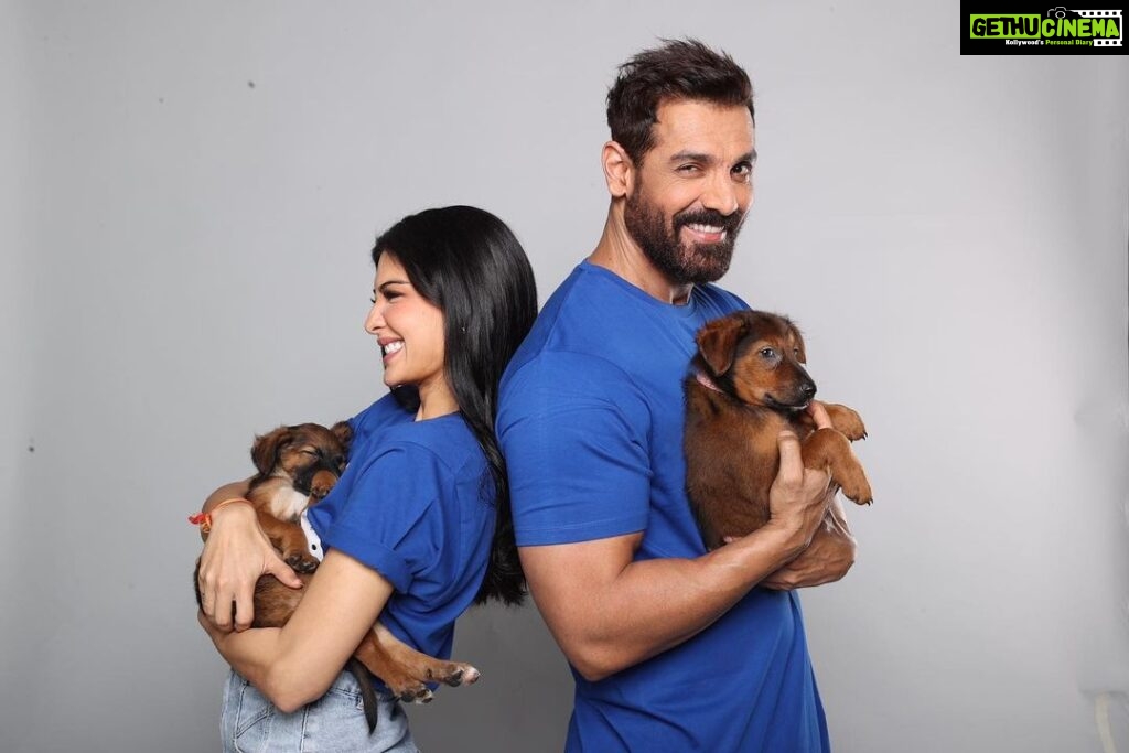 Jacqueline Fernandez Instagram - @jf.yolofoundation is so happy to have @thejohnabraham (thank you John!!) on board for Yolo for Animals!! An initiative to help stray animals with sterilisation and adoption! 🙏🙏 stay tuned for more updates on how you can help too!! 💙💙💙 thank you @mitalisboardandtrain for the cutest Zhandu and Rasgulla today, we have seriously fallen in love with them!!!