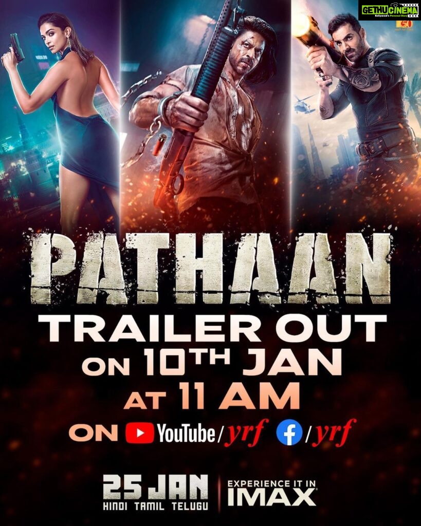 John Abraham Instagram - Get set for an action spectacle like never seen before. #PathaanTrailer out TOMORROW at 11 AM! Celebrate #Pathaan with #YRF50 only at a big screen near you on 25th January. Releasing in Hindi, Tamil and Telugu. @iamsrk | @deepikapadukone | #SiddharthAnand | @yrf