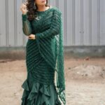 Keerthi shanthanu Instagram – 🦚
For #Superjodi finale on @zeetamizh 
with the fun loving @rjvijayofficial ✨
Emerald green draped saree from @studio149 ✨
Earrings : @rimliboutique ✨
Photography: @teamcreators & @stevenaj14 ✨