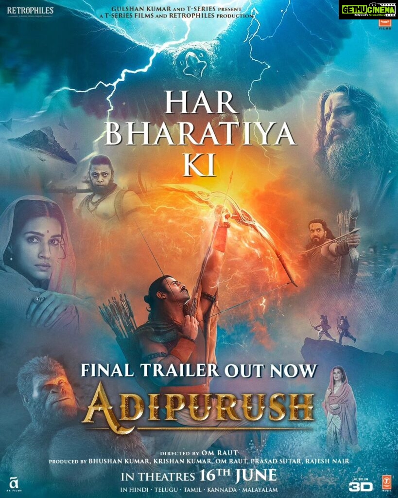 Kriti Sanon Instagram - Har Bharatiya Ki Adipurush हर भारतीय की आदिपुरुष " ప్రతి భారతీయుడిది " ఆదిపురుష్ "ஒவ்வொரு பாரத குடிமக்களின்" ஆதிபுருஷ் ಪ್ರತಿ ಭಾರತೀಯನ "ಆದಿಪುರುಷ್" ഓരോ ഭാരതീയന്റെയും "ആദിപുരുഷ്" Final Trailer Out Now! Link in Bio. #Adipurush in cinemas worldwide on 16th June @actorprabhas @omraut #SaifAliKhan @mesunnysingh #BhushanKumar #KrishanKumar @vfxwaala @rajeshnair29 @devdatta.g.nage @ajayatulofficial @sachettandonofficial @paramparatandonofficial @sachetparamparaofficial @manojmuntashir @shivchanana @neerajkalyan24 @tseriesfilms @tseries.official @retrophiles1 @uvcreationsofficial @officialadipurush @uppalapatipramod #Vamsi @aafilms.official