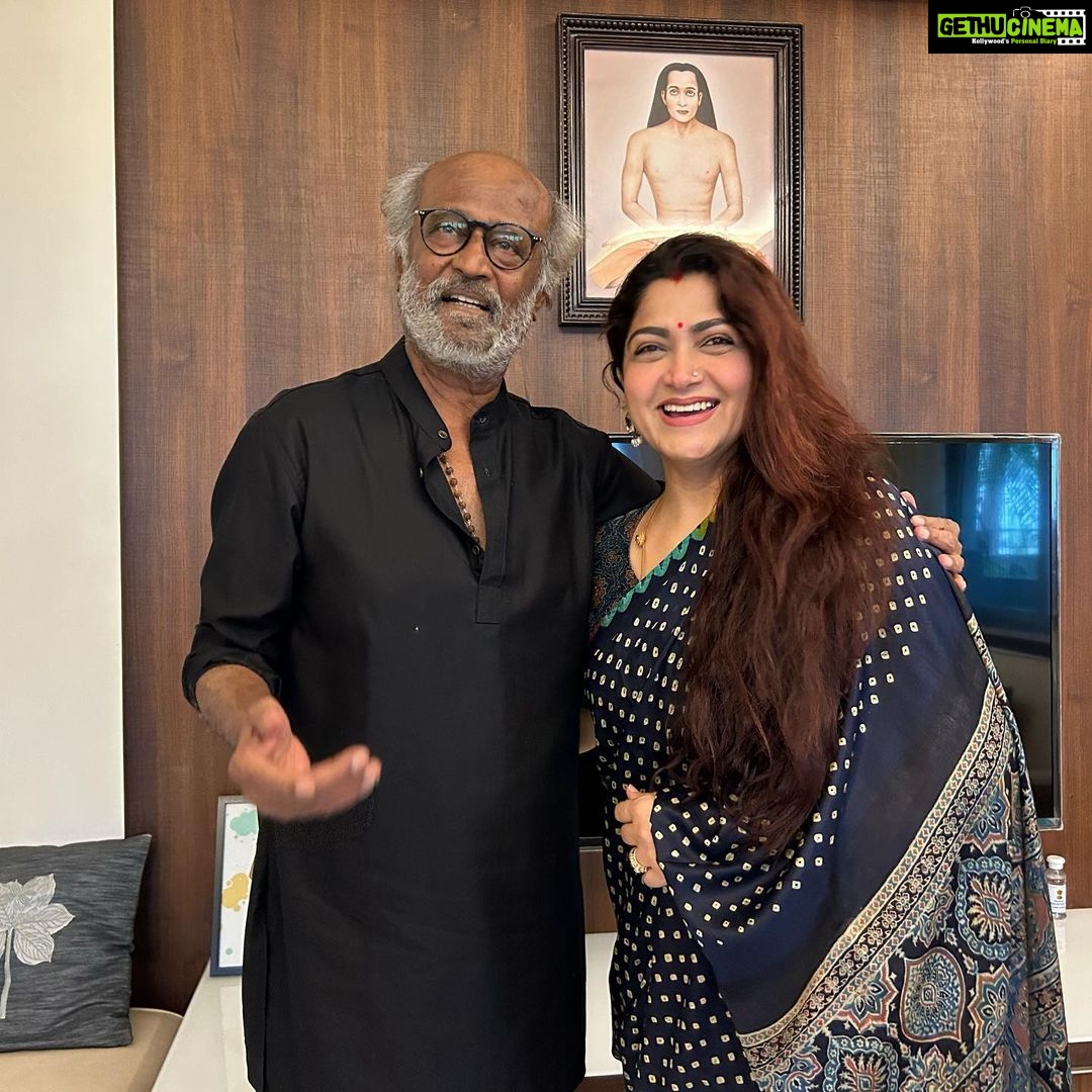 Kushboo Instagram - A casual meeting with #Superstar over a cup of tea and laughter is all it takes to bring happiness and joy. Always a pleasure to be in your august company Sir. Thank you for those words of love n kindness. Much love to you . ❤️❤️❤️
