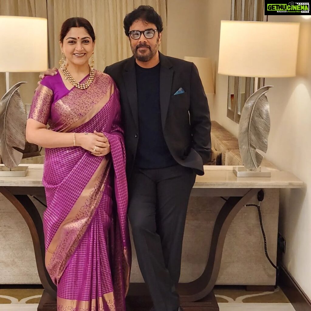 Kushboo Instagram - The man I love!! #SundarC adds on to the beauty when he is next to me.. 😍😍😍😘😘😘 Love for sarees! 💜💜💜💜