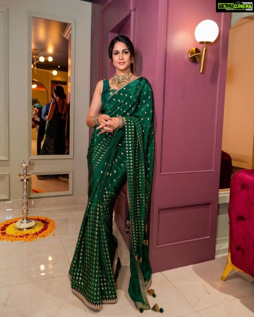 Lavanya Tripathi Instagram - Life is a party and I’m wearing green. . . Outfit- @perniaspopupshop #masaba Styled by - @aishurajeev_reddy Jewellery- @_artbysia_ 📸- @photopediabyazhar