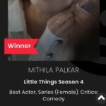 Mithila Palkar Instagram - To all the #LittleThings lovers out there - this one is for you! THANK YOU! We are because you are 🫶🏻 Thank you @filmfare , jury and to everyone who voted! What a special night! Got to bring this beauty home for a very special show. It was so lovely to celebrate this win with the #LittleThings family and so many precious, heart people. I’ve always been blessed with the best and I’m eternally grateful for that ♥️✨ Won the Best Actor (female) - Critics Choice for Little Things Season 4.