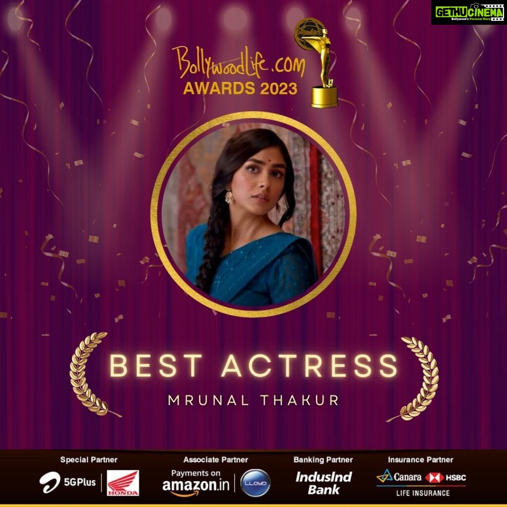 Mrunal Thakur Instagram - Thank you @ibollywoodlife for the recognition of the brilliance of this beautiful film and character. This film is close to my heart and it truly deserves to be appreciated and loved. Thank you to the audience and jury for believing in Sita Ramam, this is only the beginning! @hanurpudi @swapnaduttchalasani @dqsalmaan @composer_vishal @vyjayanthimovies @mrsheetalsharma @missblender @lakshsingh__ #sitaramamteam thank you 🙏🏼
