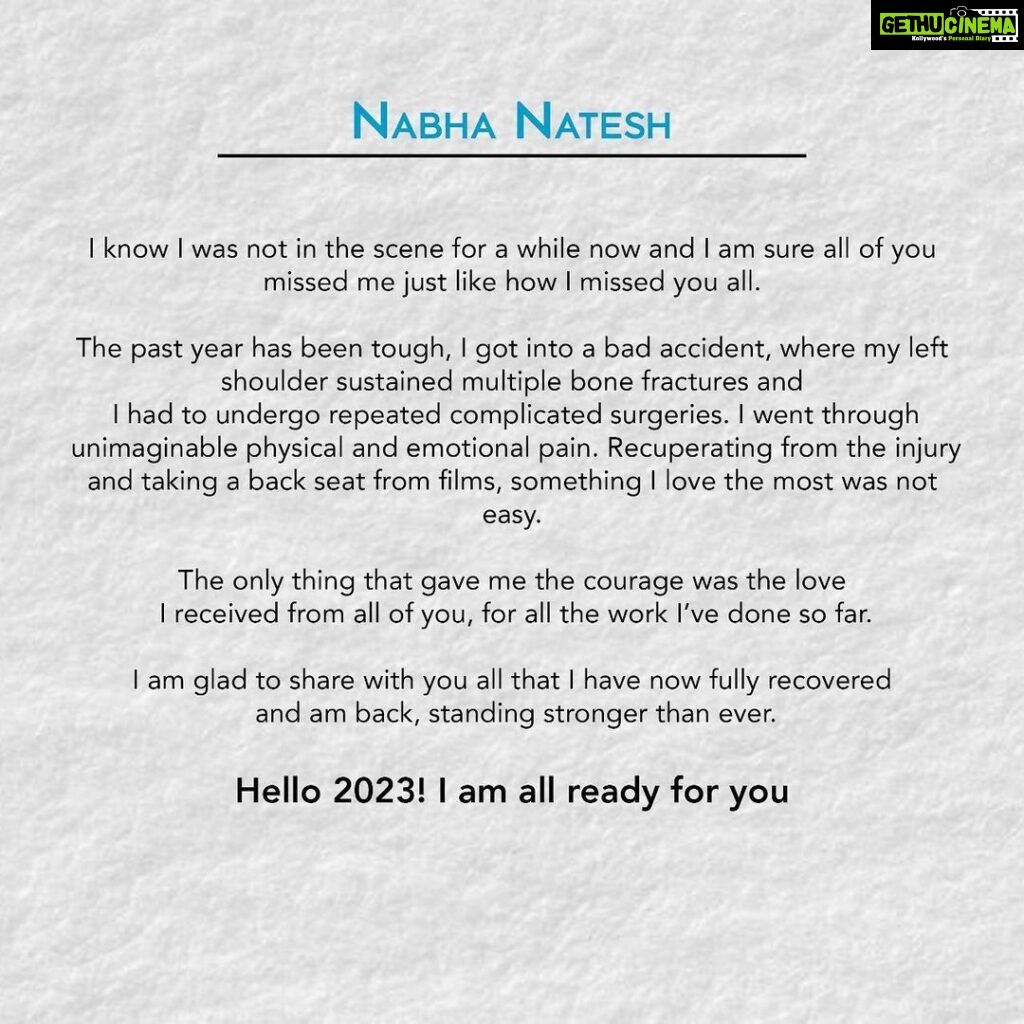 Nabha Natesh Instagram - I am here because of all your love. 🙏 It was not easy taking a back seat from work, from all of you… I am back now! Thank you all for all the support you guys have given me ❤️❤️
