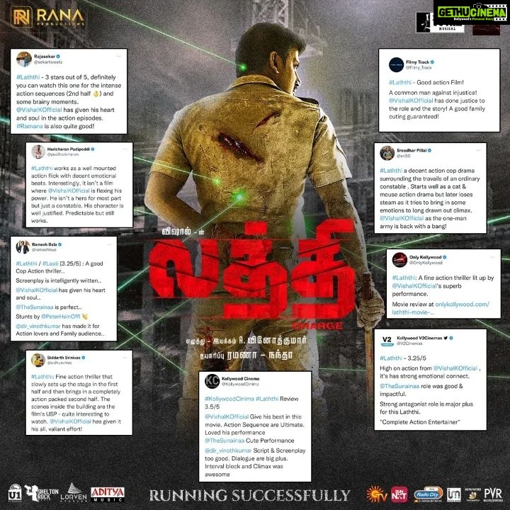 Nandha Durairaj Instagram - More Positive Responses #Laththi #Laatti #LaththiRunningSuccesfully @actorvishalofficial @rana_productions_ @nandaa_actor @actorramana_official @u1recordsoffl @jpr__films @balasubramaniem_dop @adityamusicindia @dir_vinothkumar @thesunainaa @peterheinoffl @bala_dop @srikanth_nb @kannanartdir @vasukibhaskar @harikr_official @johnsoncinepro @ajay_64403 @ursvamsishekar