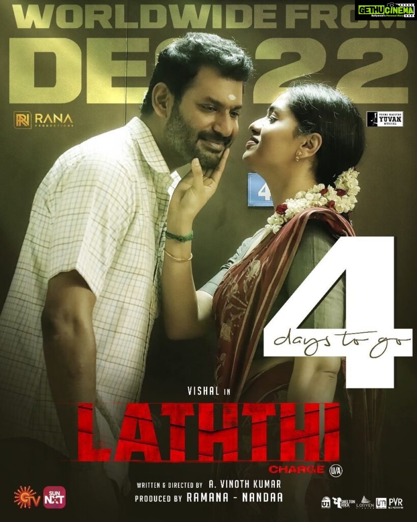Nandha Durairaj Instagram - 4 Days to go 💥 Never before high octane action entertainer with #Laththi at your nearest theatres🔥 #LaththiTrailer ▶️ youtu.be/jc1syANigiQ #Laatti #LaththiCharge #LaththiFromDec22nd @VishalKOfficial @RanaProduction0 @nandaa_actor @TheSunainaa_ @thisisysr