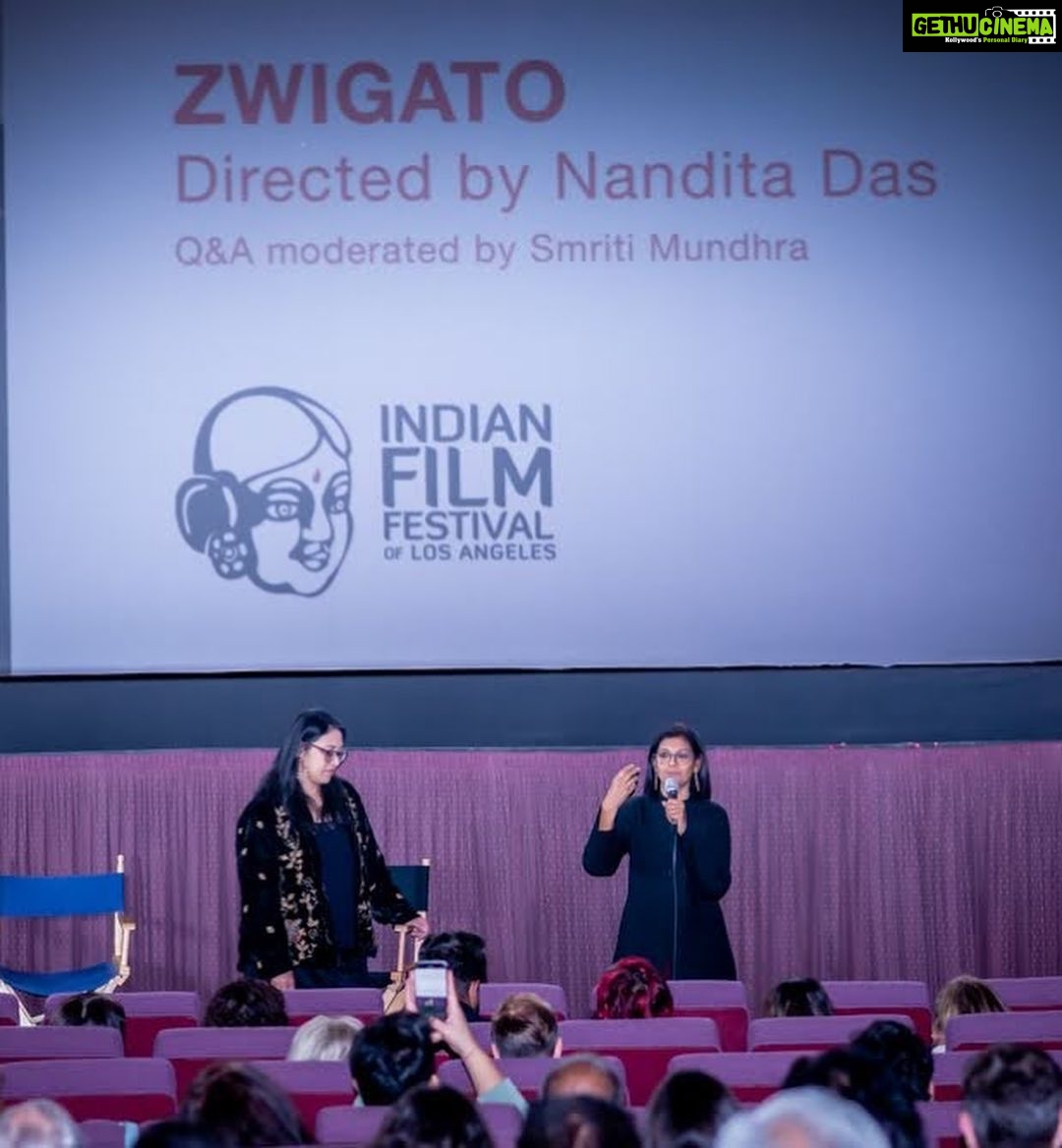 Nandita Das Instagram - What a memorable screening of Zwigato in Beverly Hills, LA! So many I knew over the years and so many new faces. Packed hall with amazing energy. My best post screening q and a with @smritimundhra , a dear friend and amazing documentary filmmaker. She asked questions that nobody had asked before! Made me think deeper. @indianfilmfestival team were amazing hosts. People came out moved and reflective. And their responses haven’t stopped! I couldn’t have asked for a better screening. Thank you all who made it so special. Including my son, who stayed up till late and endured the selfies with me! The audience loved you both and you were sorely missed @kapilsharma and @shahanagoswami . #zwigato @applausesocial @sameern