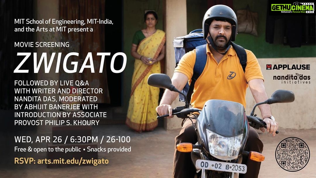 Nandita Das Instagram - Off to the East Coast now. #Zwigato will next play at MIT on the 26th of April, 7pm at 26-100, 60 Vassar Street, Cambridge MA. Those in the vicinity, please do come. And those who know people in the vicinity, please let them know. And the icing on the cake is that Nobel Laureate economist, Prof. Abhijit Banerjee will do a conversation with me after the screening. I look forward to an engaging discussion on the film and beyond. Excited!! @kapilsharma @shahanagoswami @applausesocial @sameern @sayanigupta @gulpanag @swanandkirkire