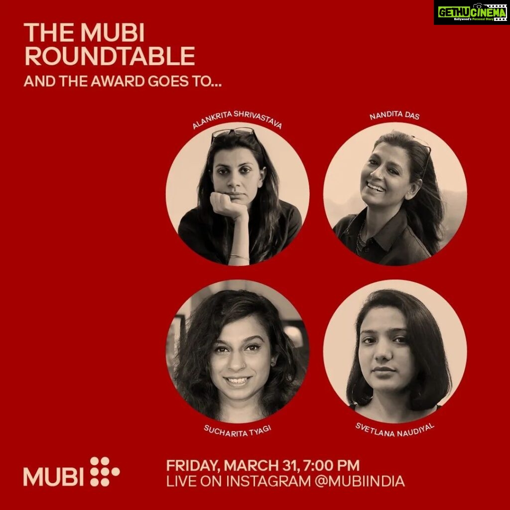 Nandita Das Instagram - Look forward to us talking about the trials and tribulations of independent cinema. @mubiindia @su4ita @wanderwomaniyaa #IndependentCinema #Mubi