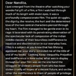 Nandita Das Instagram – I was very moved by the email that you took time to write last night. So grateful to you, #HarshMander. Sharing this very special message from a very special person. If this doesn’t inspire you to see #Zwigato, then it’s a not a film for you! 😉🙏🏽❤️