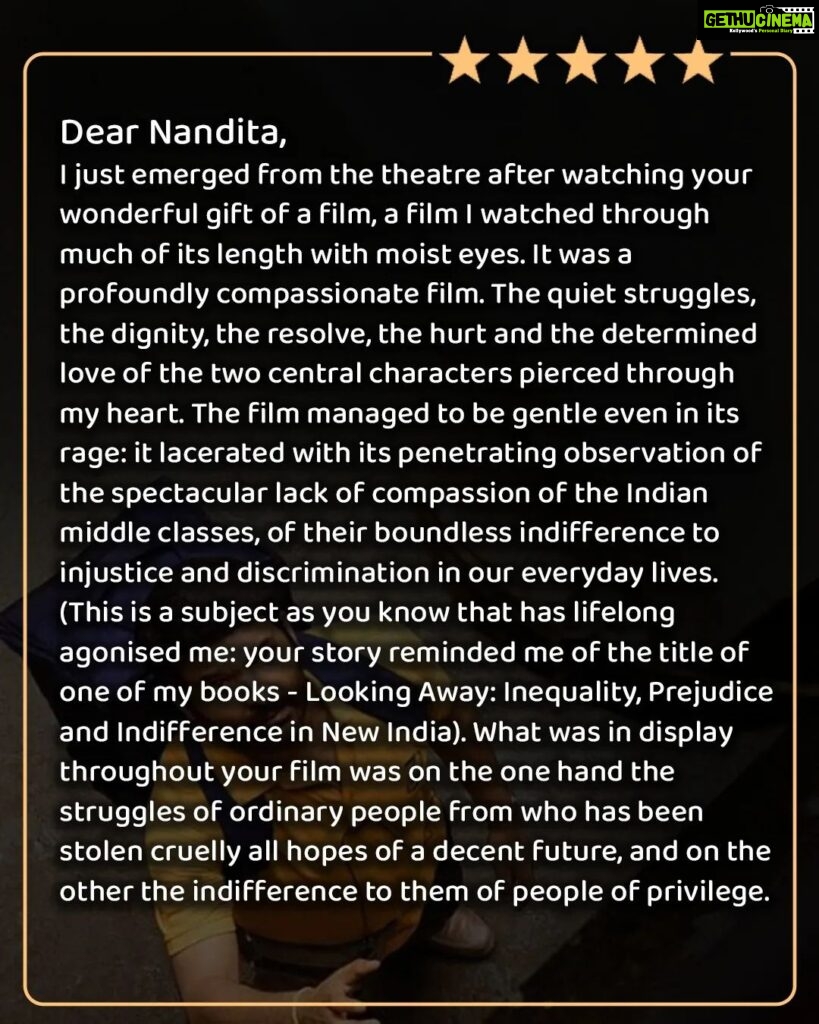 Nandita Das Instagram - I was very moved by the email that you took time to write last night. So grateful to you, #HarshMander. Sharing this very special message from a very special person. If this doesn’t inspire you to see #Zwigato, then it’s a not a film for you! 😉🙏🏽❤️