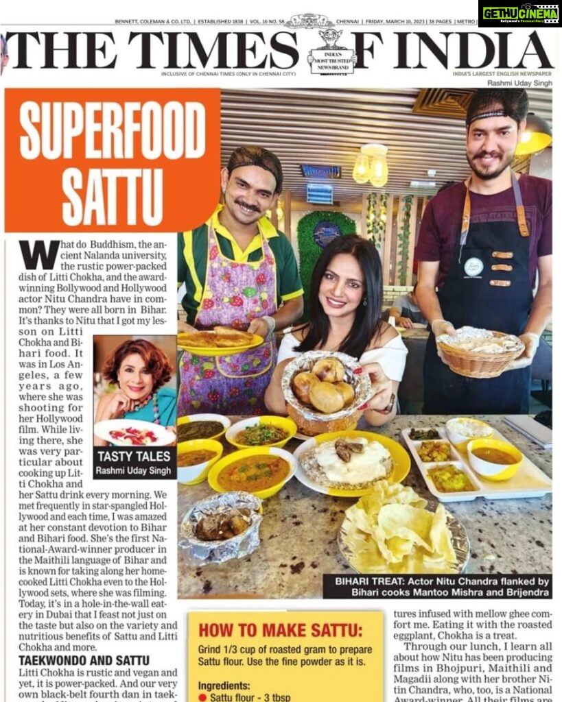 Neetu Chandra Instagram - Did you know the importance of #sattu in your diet! High in protein! Thank you @rashmiudaysingh and @timesofindia for the lovely write up and my interview on #food #health and #fitness 😊 Love it! #superfood #varanasipatnaresturant #dubai🇦🇪 #sattu #makhana ❤ Take care of yourselves everyone!