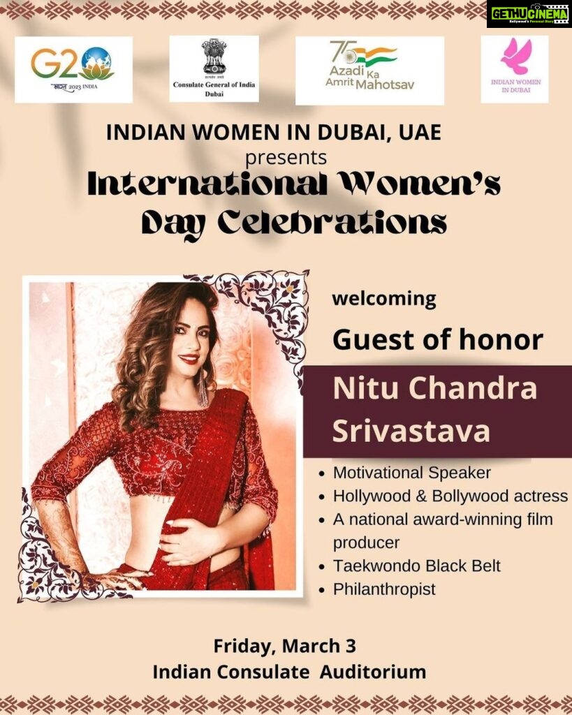 Neetu Chandra Instagram - It brings me immense joy to be a part of the celebration of International Women's Day on the 3rd of March, alongside the Indian Women Dubai community. United, we radiate strength and radiance, elevating each other to new heights as we grow together in solidarity. #internationalwomensday