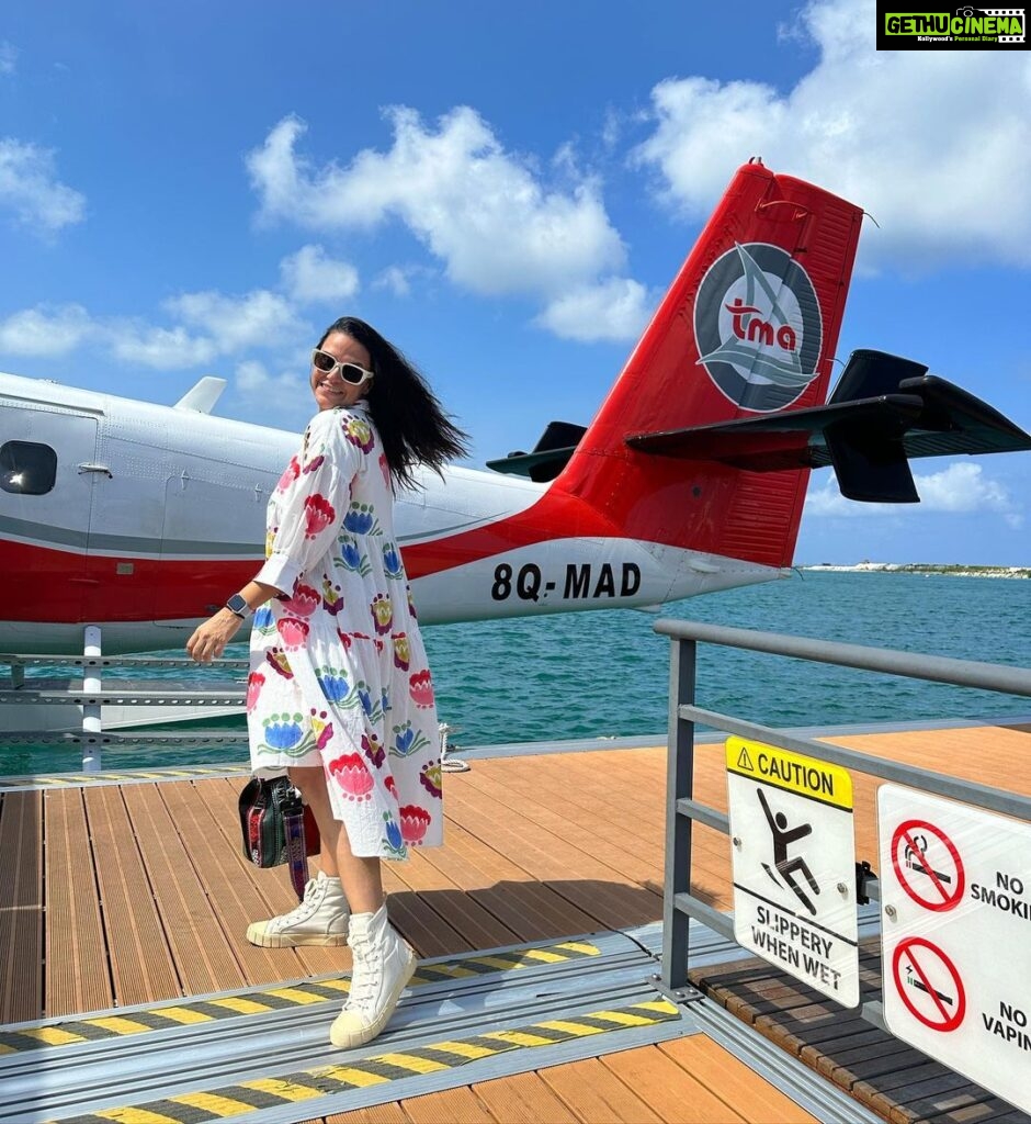 Neha Dhupia Instagram - And off we go 🌊🐬 ☀️ ✈️ 🛥️…. #maldives #TransMaldivian #TravelConfidentlywithTMA #TMAExperience @transmaldivian @oneaboveglobal Loving my @thejodilife 👗