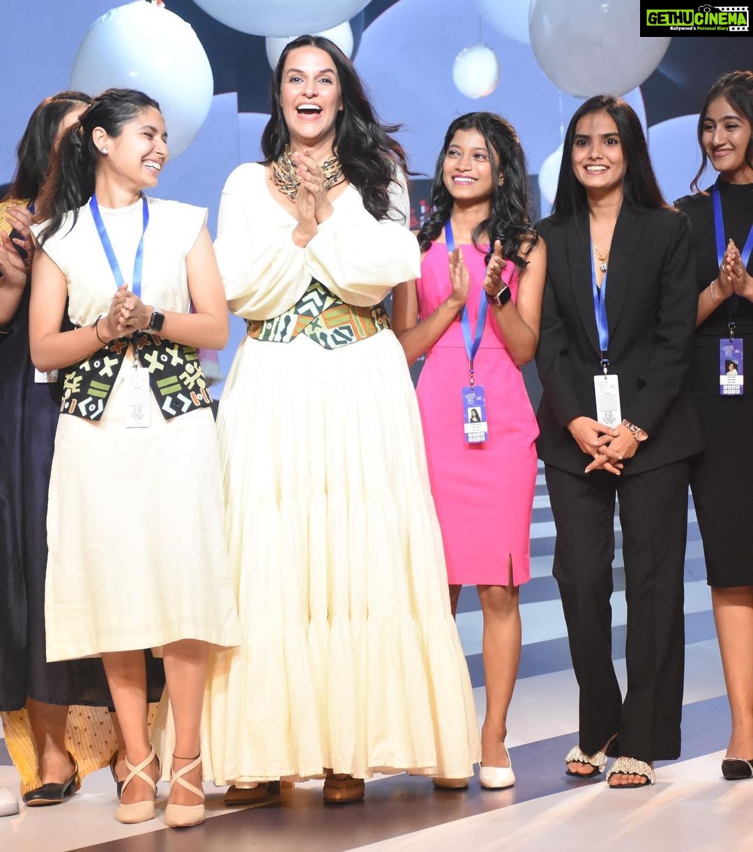 Neha Dhupia Instagram - Loved walking the ramp with the super talented students of @inifdofficial at @lakmefashionwk in partnership with @fdciofficial for the Launchpad show. the show stopper for INIFD Launchpad. Managed by @gladucamepr #UnapologeticallyMÉ #LakméFashionWeekxFDCI #LFWXFDCI #LFW #LakmeFashionweek #INIFDAtLFWXFDCI #INIFD #Proud2bDesigner #INIFDians #fashiondesigner #interiordesigner #collab