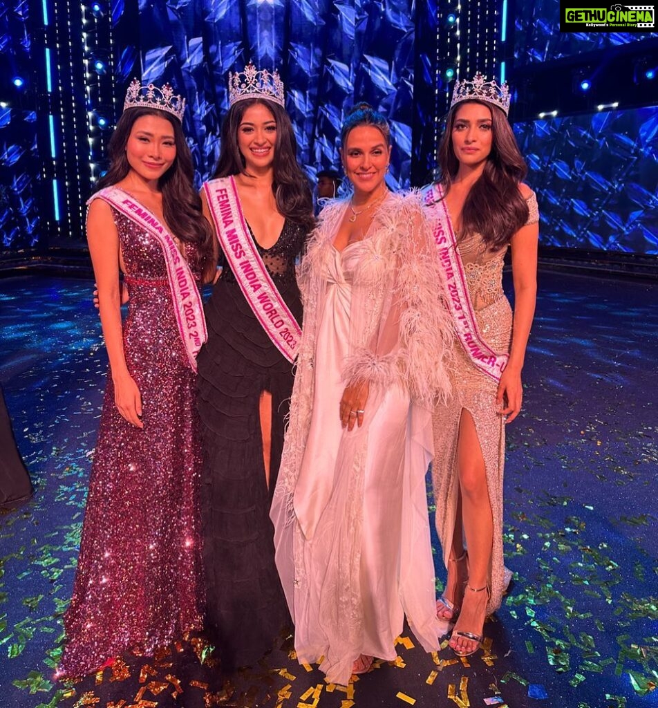 Neha Dhupia Instagram - Congratulations to our gorgeous girls @strelaluwang @nandiniguptaa13 @shreya.poonja on this glorious win @missindiaorg 2023 … use your beauty , use your mind and most importantly your voice in the right direction girls. My only advice … no matter what , always keep that chin up caus that’s the only way you ll be able to balance that beautiful crown 👑 #feminamissindia2023 #missindia #fromonetoanother