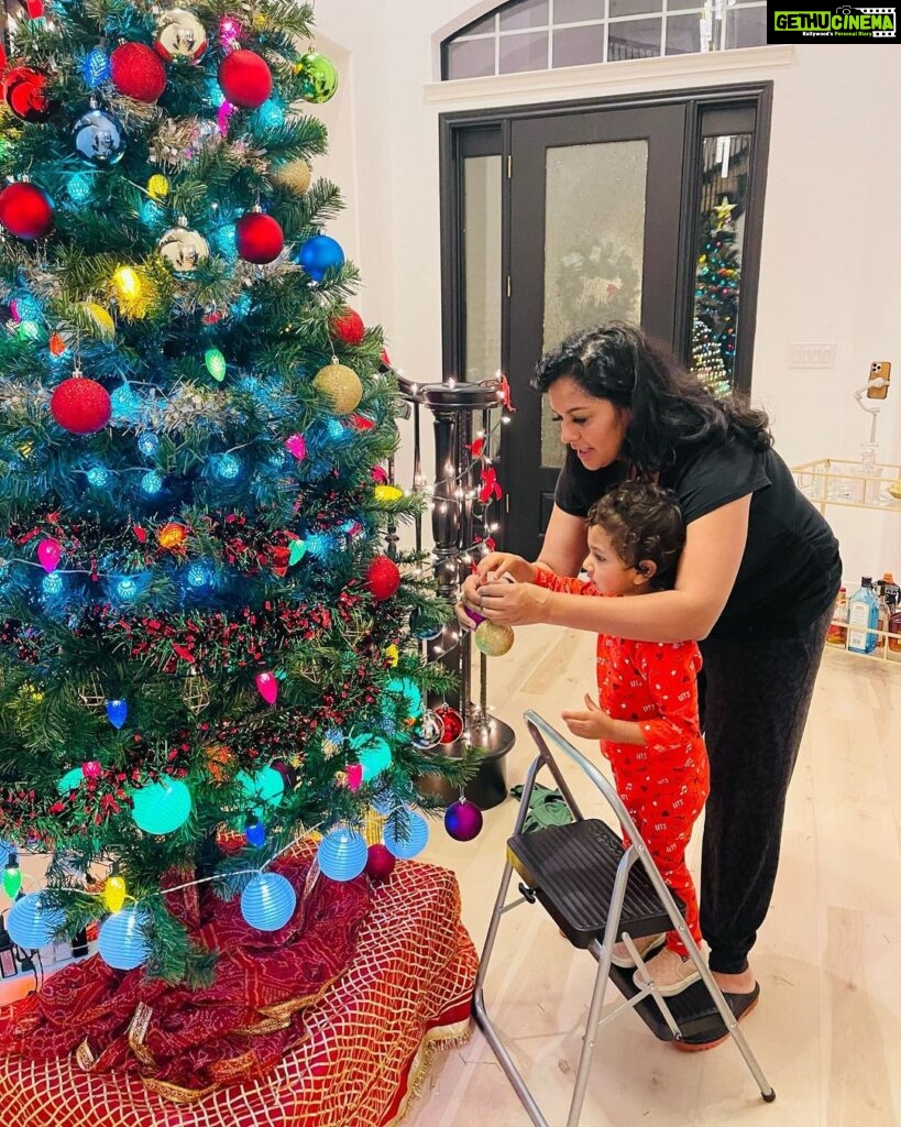 Pooja Kumar Instagram - #christmastree is up! Had a tiring time putting it up as my little lady wanted to put each and every ornament up! Thank gosh for her daddy! #christmas #decor #green #red #india #america #tamil #telugu