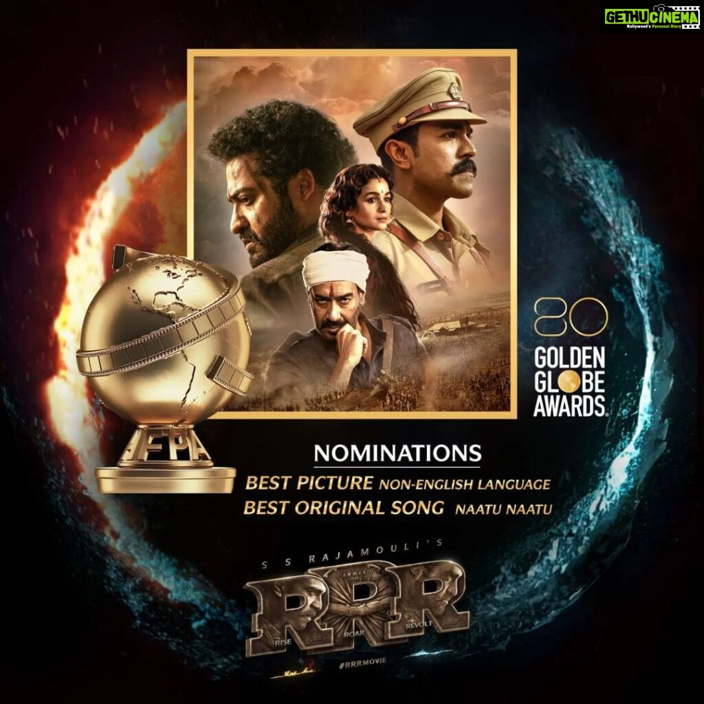 Prabhas Instagram - Feeling so proud as #RRR gets nominated for the #GoldenGlobes Awards. Hearty congratulations to @ssrajamouli garu, @jrntr, @alwaysramcharan and the entire team of @rrrmovie for this achievement.