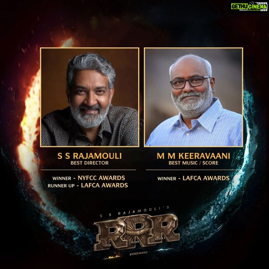 Prabhas Instagram - The greatest @ssrajamouli garu is going to conquer the world. Congratulations for winning the prestigious New York Film Critics Circle Award for the best director & bagging the LA Film Critics Awards for best director (runner up). Huge Congratulations to legendary Keeravaani garu for receiving the LA Film Critics Awards for best music director.