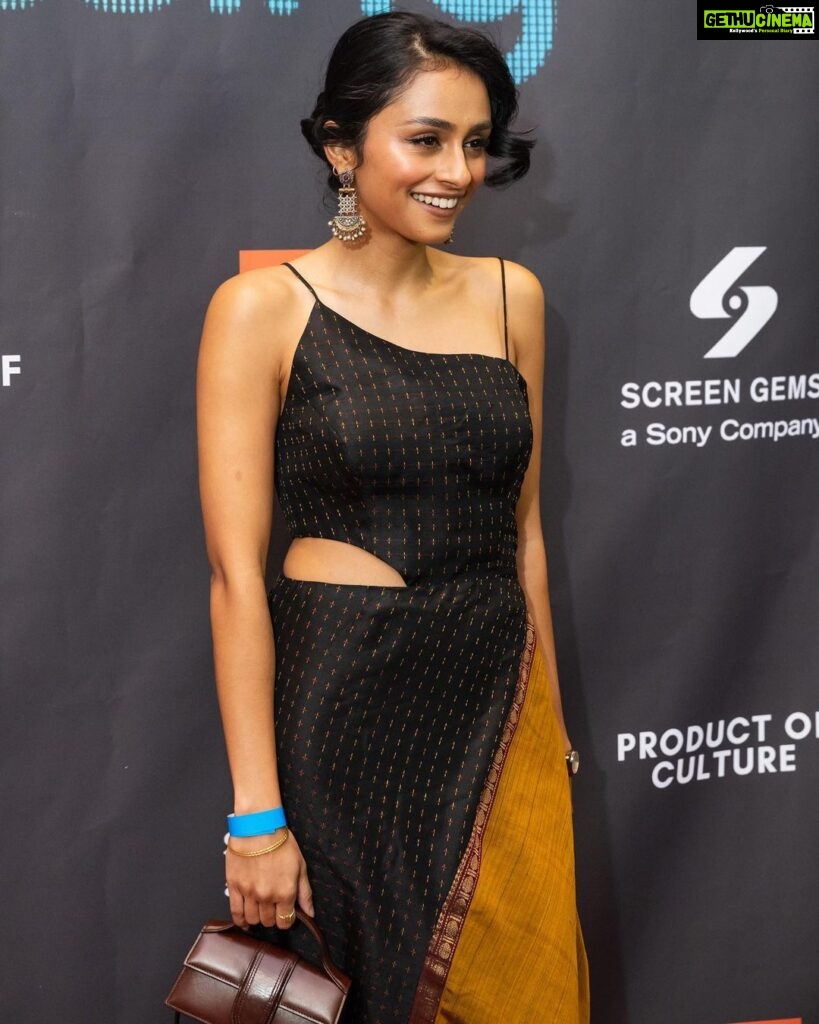 Pragathi Guruprasad Instagram - At the premiere of #MissingMovie -one of the best films I’ve seen in recent times. Thank you @_productofculture_ @capeusa @sonypictures ! Dress: @tai_clothing_llc Jewelry: @aknjewellery Bag: @jacquemus Shoes: @schutz Shot by: @cswongphoto