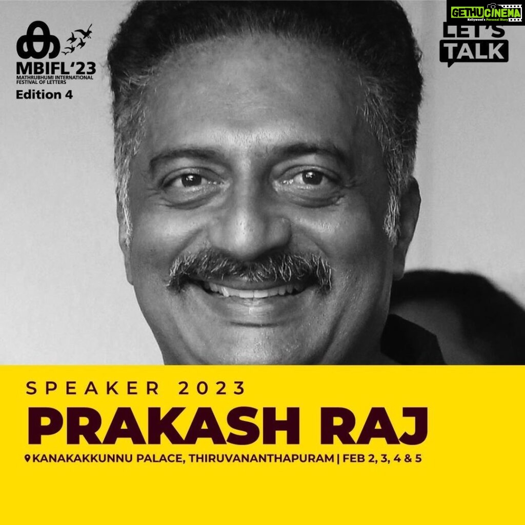Prakash Raj Instagram - Come let’s talk .. listen.. n share ideas..let’s celebrate conversations .. today evening 5.pm at #mbifl2023