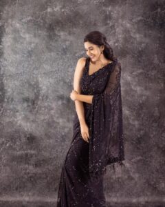 Priya Bhavani Shankar Instagram - Back to black ♠️ PC : @arunprasath_photography Stylist: @niru05_raghupathy Saree: @nitikagujralofficial Earings: @houseofshikha Make up: @makeupmaliksam Hair: @koduruamarnath