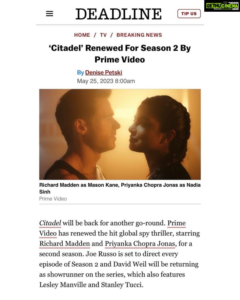Priyanka Chopra Instagram - S2 is coming!! 🙏🏽❤️😃 Soooo Looking forward to it @jennifersalke @therussobrothers. But for now watch the finale episode on @PrimeVideo @citadelonprime