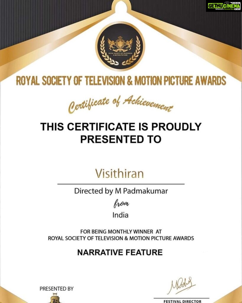 R. K. Suresh Instagram - Happy to share the prestigious ROYAL SOCIETY OF TELEVISION & MOTION PICTURE 2022 🙏🙏🙏 AWARD for BEST ACTOR & NARRATIVE FEATURE (VISITHIRAN) @primevideoin