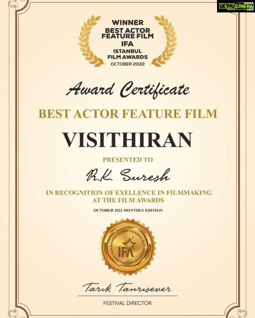 R. K. Suresh Instagram - Visitran's film has been awarded the Best Actor at the Istanbul Film festival Awards held in Istanbul, the capital of Turkey. 🙏 @primevideoin