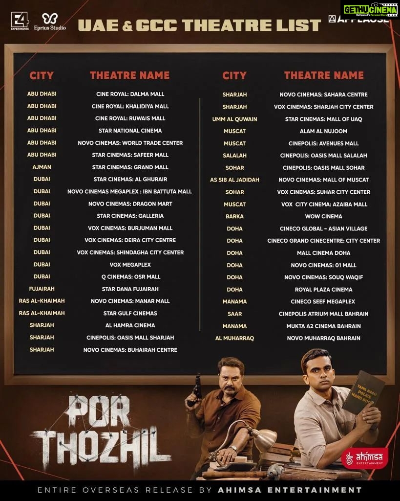 R. Sarathkumar Instagram - Ticket bookings for #PorThozhil are now open in GCC! Let's fill those seats and celebrate the cinema at its best 🙌 Entire overseas release by #AhimsaEntertainment ♥️ @applausesocial #E4Experiments @epriusstudio @sameern @segaldeepak @mukeshe4e @cvsarathi #PoonamMehra @vignesh_raja @r_sarath_kumar @ashokselvan @nikhilavimalofficial @aalfredprakash @garg.prasoon @chainanisunil @devnidhib @richa_kap @lordmeow @pramodcheruvalath @vighnature @sakthifilmfactory @cinepolisindia @thinkmusicofficial . . . . #crimethriller #crime #cinima #kollywood #thrillerfilm #AshokSelvan #SarathKumar