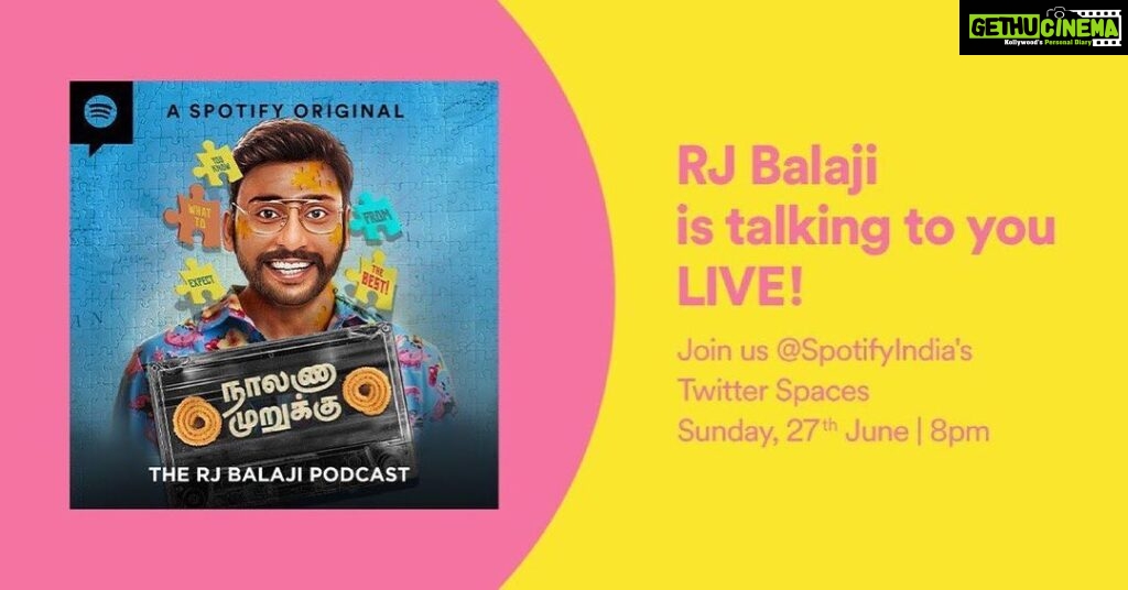 RJ Balaji Instagram - Excited about my first Twitter space tomorrow !!! ❤️ Join me at @spotifyindia ‘s space on Sunday 27th June at 8pm..! 😍 #TheRJBalajiPodcast special 🔥