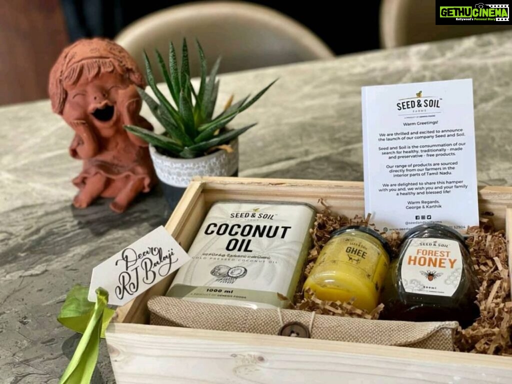 RJ Balaji Instagram - Got this amazing hamper from my good friend & cameraman George couple of days back...! Organic products from his new start up ‘Seed & Soil’ .! Been using them now and oh boy are they amazing..! Such a difference in quality from the usual stuff that we use!!! Wishing @george_dop and @rkarthik_dir goodluck for their new initiative and highly recommend @seedandsoilfarms to everyone...! 😊👍