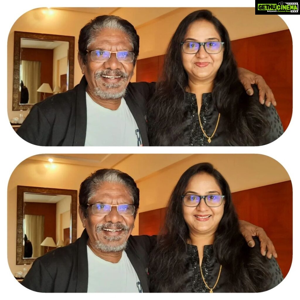 Radha Instagram - I never got a chance to click such a lovely picture with my own father. Feel blessed to have such a precious bond with my guru/godfather, Bharathiraja sir.🤲🙏😌 #blessed #Radhanair #radha #udayanair #guru . . #Zeetamil #SuperQueen #NewShow @radhanair_r @actornakkhul @sreethu_krishnan @laya.vaish @janani_ashokkumar @ashavenkatesh.official @lavanya_offi @iraaagarwal_official @aayesha6_official @_tejaswini_gowda_official @aishwarya.krish @swathi_sharma_24 @parvathyofficial @kanmani_manoharan @zeetamizh