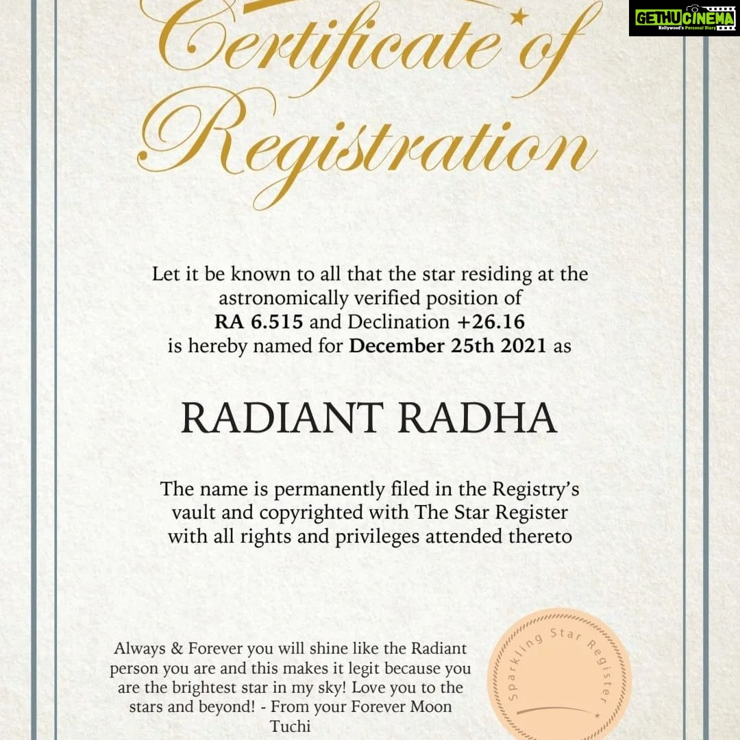 Radha Instagram - My Thulasi kutti is my forever santa. This year she got me a Gemini constellation star which is my zodiac sign named after me called "Radiant Radha" Love you my Tuchiš„°#radha #radhanair #daughterlove