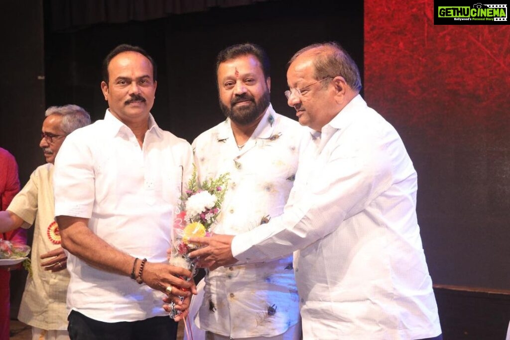 Radha Instagram - Delighted to see amazing individuals together on stage , like Shri Suresh Gopi , Shri Gopal Shetty, Member of Parliament , North Mumbai & my husband , whose hardwork and dedication led them to achieve great heights. Feels so proud and happy to see my husband being felicitated by them for his achievements ☺️☺️ Mumbai - मुंबई