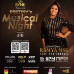 Ramya NSK Instagram – Hello everyone. I’m super excited to be performing as a guest for @ida_destiny_official’s
Destiny Musical Night on the 4th of February at @phoenixmarketcitychennai. 
Your favourite SuperSingers @samvishal0928 @priyankank @adithyark.music @sridharsena @haripriya would be performing for you . The talented @karthick__devaraj and band will also be perfoming for you all. Do come and enjoy your evening! You can book your tickets on bookmyshow.com or by clicking the link in my bio ❤️

#DestinyMusicalNight #chennaiconcert #cineulagam #sky19productions #pheonixmarketcity #liveevent 
#event #chennaievent #music #suryanfm #musiclover 
#liveperformance #chennaiscene