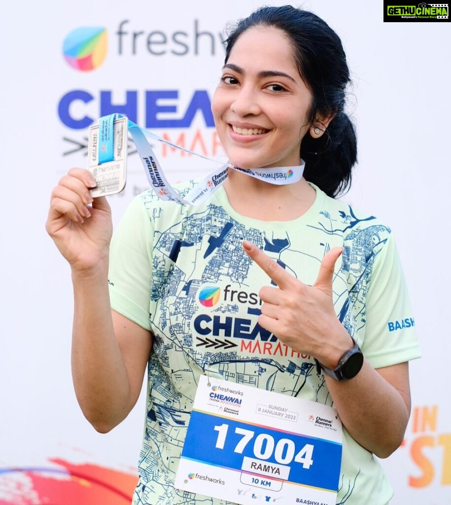 Ramya Subramanian Instagram - It challenged me, it changed me 🏃🏽‍♀ Kick started my first ever marathon experience today morning ….☺🥹♥🙏🏻🥰…. what a beautiful feeling to finish the 10k run in 54 minutes and being the 4th woman to get to the finish line ♥💯🙋🏻‍♀🙈. This was an unexplored territory so far and I was so frightened and excited standing on the start line . Forever grateful to my co runners / volunteers and officers who kept cheering for me and encouraging me to push through every time I decided to pause 🏃‍♂🏃🏻‍♀. What a beautiful start to 2023 🫶🏻🙏🏻😇😀 #fcm2023 #myfirstmarathon #runningmemories #finishlinefeels #marathonrace #marathonrun #chennairunners #chennaimarathon