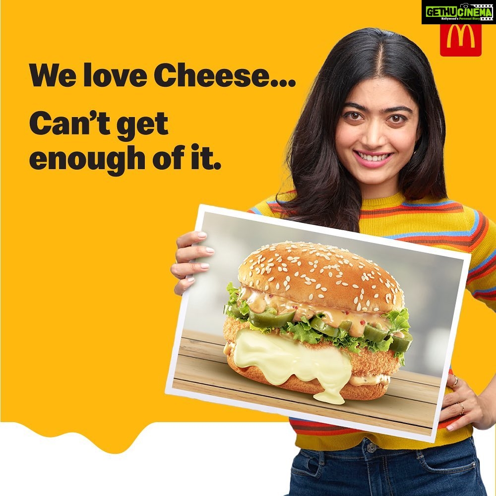 Rashmika Mandanna Instagram - You know what my favourite cheese indulgence is?? Why don’t you try the McCheese Burger and guess my answer! ❤ Visit your nearest McDonald’s or order this Cheesy delight on McDelivery! #mcdonaldsindia #imlovinit #mccheeseburger #partnership