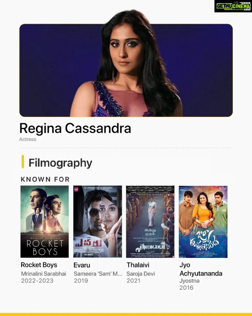 Regina Cassandra Instagram - From winning our hearts in Rocket Boys to making it to this week’s IMDb’s Popular Indian Celebrities feature, here are some titles @reginaacassandraa is known for if you've just watched #Farzi! 💛 Which is your favourite performance by her?✨ IMDb "Known for" is a space where you can find other notable work from your favourite artist all on their page on IMDb.com. As always, determined by fans! 💛 🎬: Rocket Boys | Sony LIV Evaru | Prime Video Thalaivii | Netflix Jyo Achyutananda | Zee5