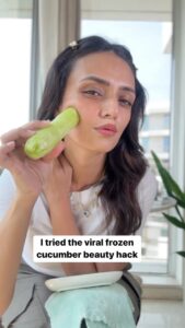 Roshni Chopra Instagram - Ok it actually works ! To try - wash peel and freeze cucumber in the freezer for a few hours ) then remove - give it 5 mins to thaw a bit and rub over the face in upward directions like you would with a gua sha or jade roller . 
You can wash, chop , freeze and reuse or make ice cubes too! 

Cucumber is  loaded with vitamin C, Vitamin K and folic acid to name a few and the ice cold temperature with a massage just gives the most amazing results!

#robeauty #beautydiy #viralbeautyhacks #beautyhack #robeautywednesday #beautytips #naturalbeauty